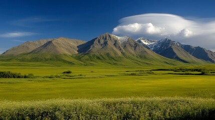 Fototapeta premium Mountain Range Over Lush Grassy Plain