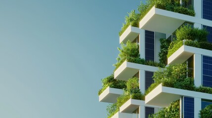 Modern architecture with green plants and solar panels on innovative building against blue sky showcasing sustainable urban design principles. Eco-friendly architecture. Sustainable development.