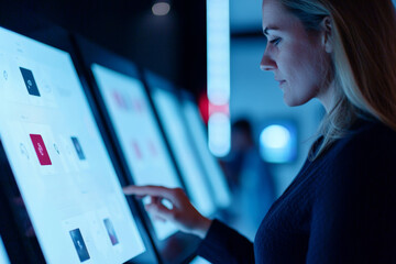 Close-up of a woman interacting with a modern touchscreen display in a high-tech environment. Innovative digital interfaces, futuristic designs, and an engaging user experience with dynamic content.