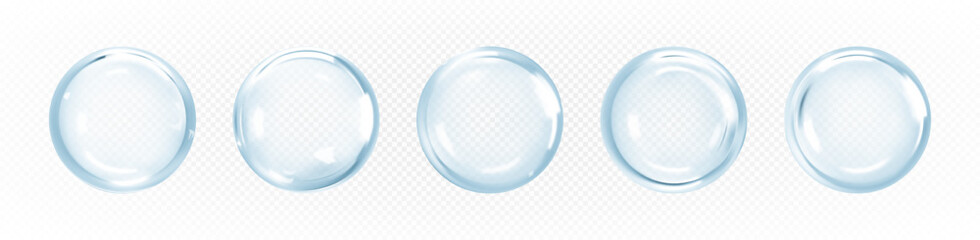 Transparent сosmetic serum bubbles. Hyaluronic acid. Collagen clear drops. Skincare product. Vector illustration