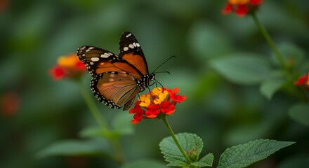Butterfly feeding on lantana flower in garden