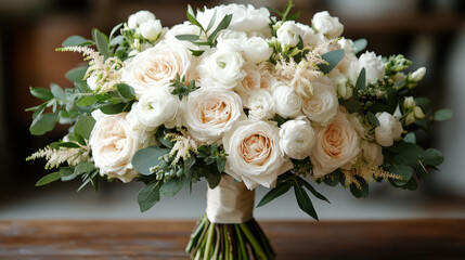 Beautiful bouquet of white and cream roses with greenery, perfect for weddings or special occasions, exuding elegance and charm