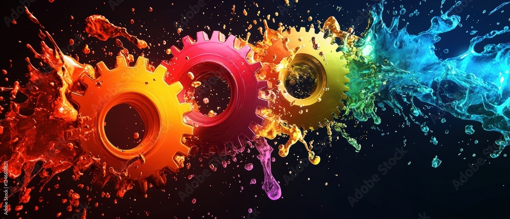 Aufkleber colorful gears with vibrant paint splash against dark background creating dynamic explosion of creat
