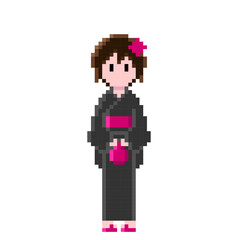 黒っぽいシックな浴衣とピンクの帯、リンゴ飴と巾着袋を前に持った女性の可愛いドット絵 | ピクセルアート