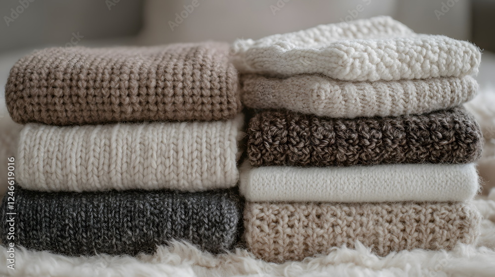 Poster cozy knitted blankets stacked neatly on a textured surface in soft neutral tones.