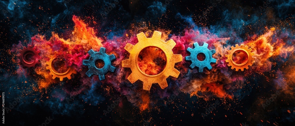 Aufkleber colorful gears with vibrant explosion of paint splash creating a dynamic background