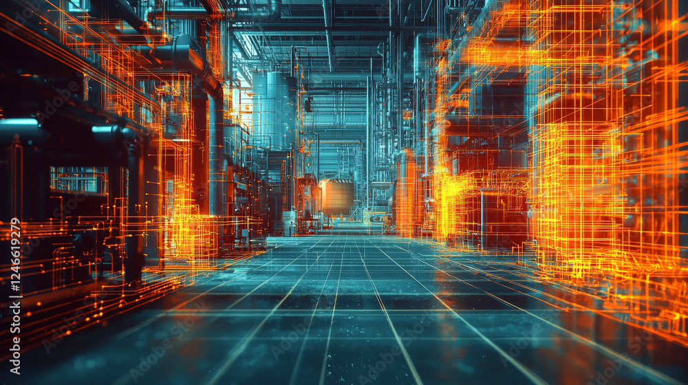 Poster futuristic factory scene with glowing lines and structures