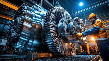 A metal factory worker inspecting large machinery under bright industrial lights.