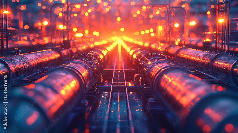 Poster artistic rendering of glowing industrial pipelines in perspective