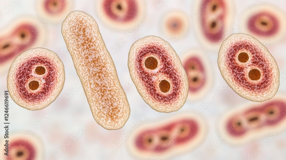 Poster close-up view of bacteria cells under a microscope for science