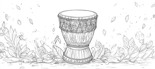 Ornate Carved Wooden Drum Surrounded By Floral Elements Illustration, Adult Coloring Page Outline