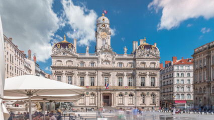 Hyperlapse of Hotel de Ville de Lyon, the historic city hall of Lyon, France. People stroll near...
