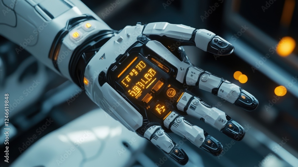 Aufkleber a closeup of a control interface embedded in an exoskeletons forearm with glowing indicators and tac