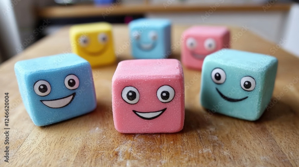 Aufkleber colorful cubes with beaming faces representing a variety of emotions in a playful setting