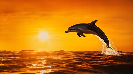 Dolphin jumps against a sunset backdrop.