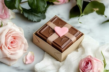 Chocolate on box with pink rose for valentine day