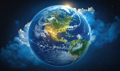 Fototapeta premium Earth from space with North America, clouds, stars, and sunlight