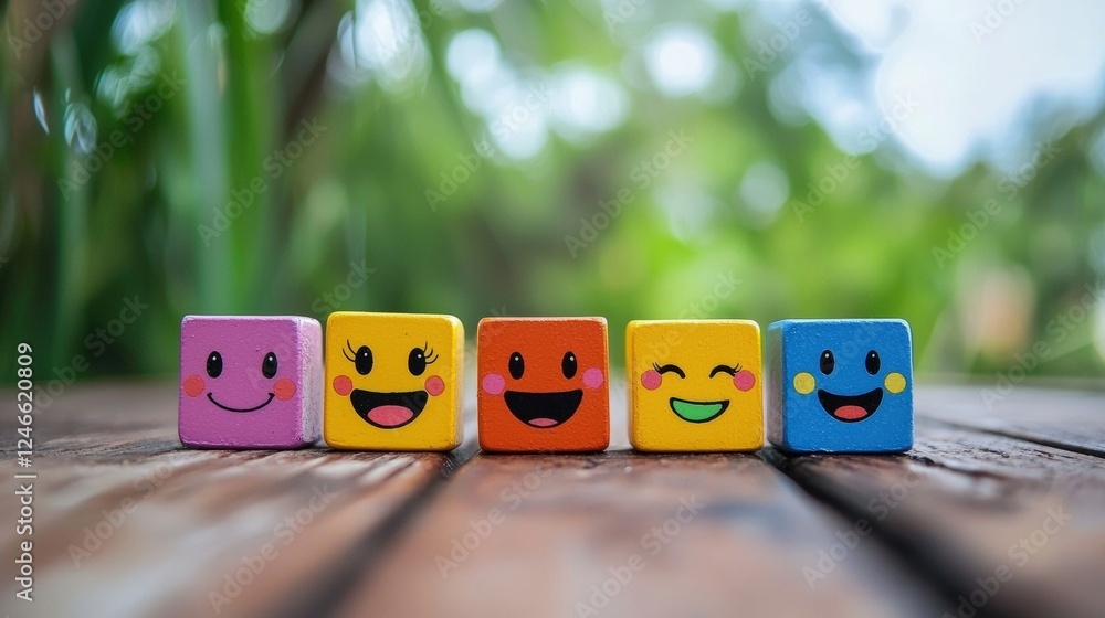 Poster colorful blocks with beaming faces representing joy on a wooden surface surrounded by nature