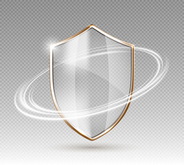 Transparent glass protection shield with white glowing effect. Safeguard sign. Security concept. Vector 3d illustration