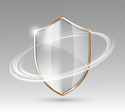 Transparent glass protection shield with white glowing effect. Safeguard sign. Security concept. Vector 3d illustration