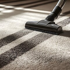 Vacuum cleaner nozzle cleaning a patterned carpet floor in a modern, minimalist domestic living space.