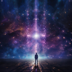 generated illustration of silhouette of a man gazing at cosmic background