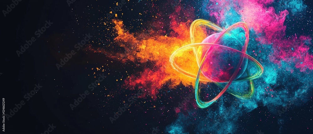 Poster colorful atom explosion with vibrant paint splash on dark background creating a stunning abstract vi