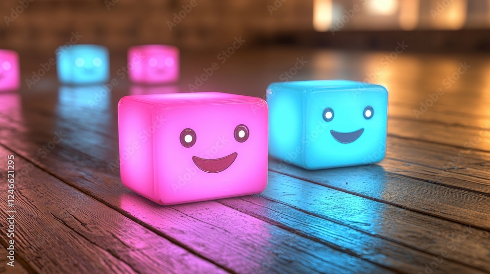 Poster cheerful glowing building blocks with happy faces on a wooden floor creating a playful and vibrant a