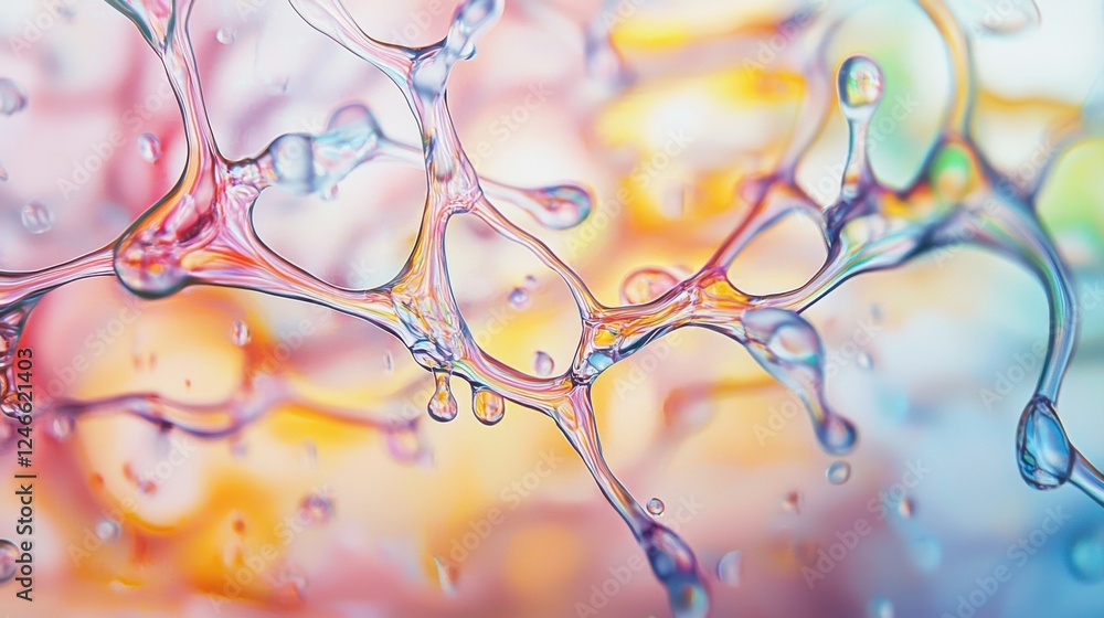 Poster a colorful macro shot showcasing droplets and bubbles interconnected in a fluid, abstract design.
