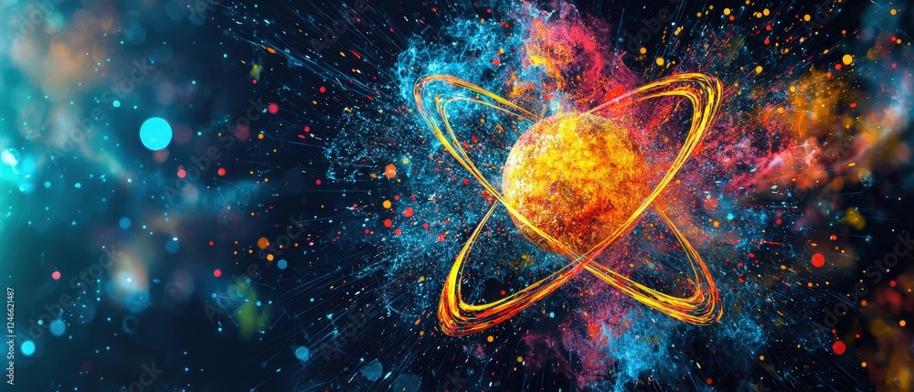 Poster vibrant atom explosion with colorful paint splash in dynamic cosmic background