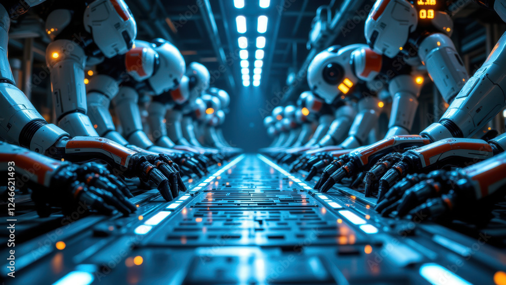 Poster industrial robots working on assembly line.