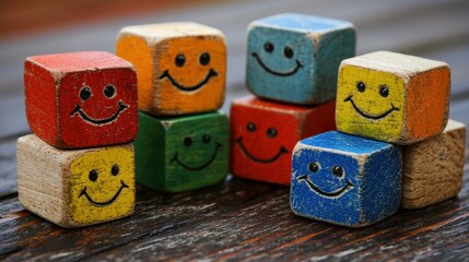 Cheerful Geometric Blocks with Smiling Faces in Vibrant Colors on a Wooden Surface