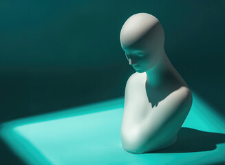 white mannequin bust is positioned in curled posture, conveying sense of loneliness, against soft teal background with dramatic lighting