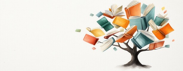 Fototapeta premium A creative illustration of a tree with colorful books as leaves, symbolizing knowledge and growth.