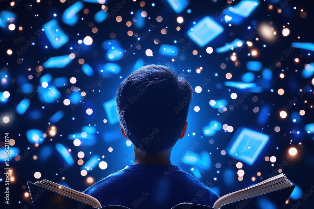 Poster a child gazes at a mesmerizing display of floating digital books and lights, illustrating the wonder