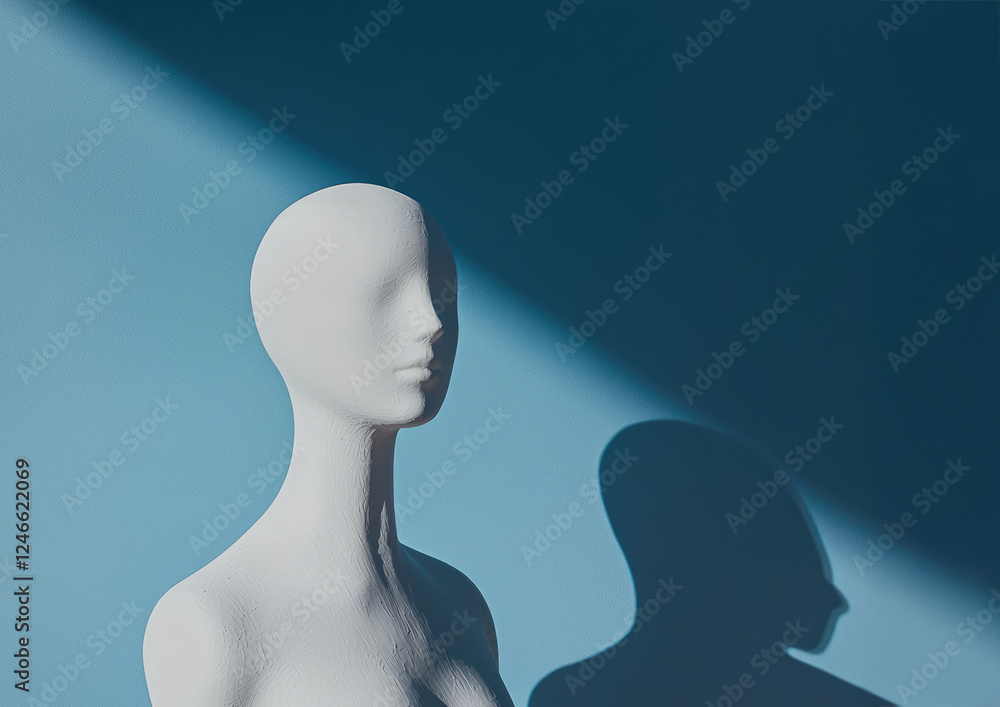 Poster white mannequin stands against blue background, casting shadow that adds depth and contrast to minim