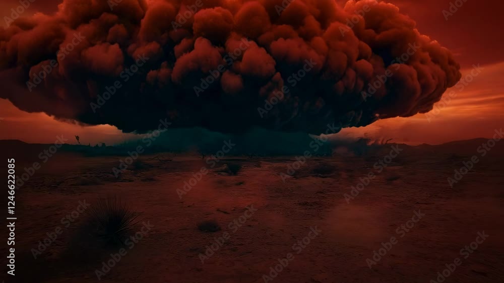 Aufkleber mushroom cloud rising from a massive explosion illuminating the desolate landscape with fiery hues, 