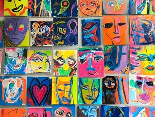 Vibrant mosaic of colorful, abstract faces and expressive portraits showcasing a dynamic, contemporary art style. This visually striking artwork features a diverse array of emotive.