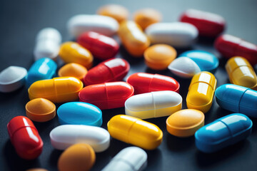 generated illustration of pharmaceutical capsules, pills and drugs representing medicine and healthcare.