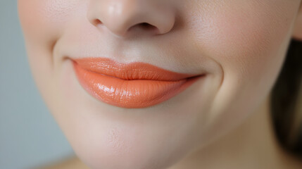 Naklejka premium gently biting her lower lip, revealing a creamy coral lipstick application 