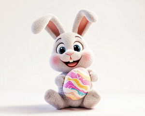 White bunny with a joyful expression, standing upright with expressive eyes, charming character design symbolizing innocence and playfulness