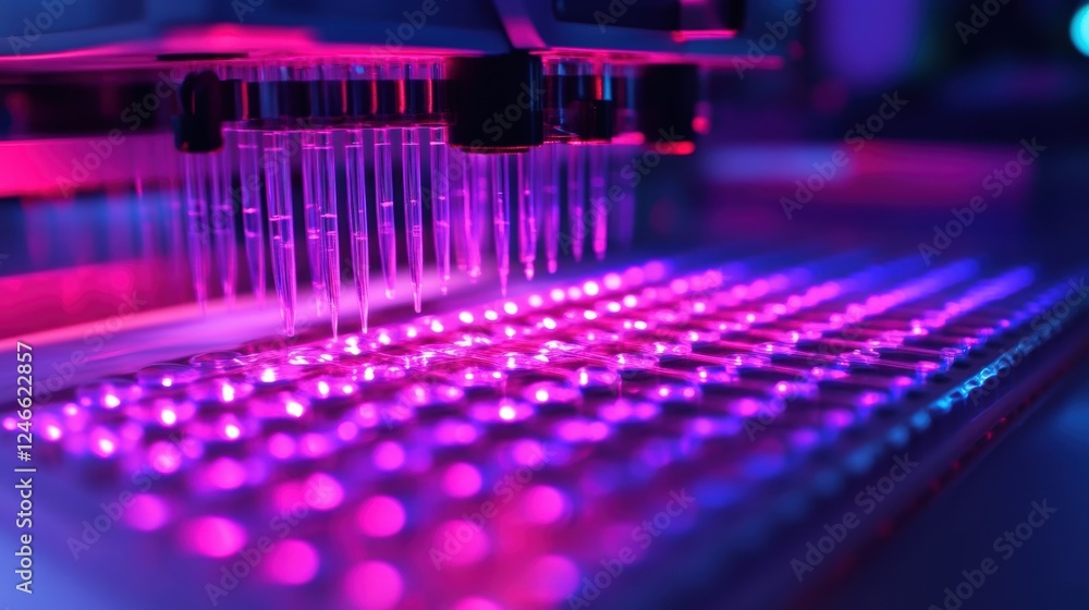 Poster a closeup of a highthroughput screening device featuring rows of microtiter plates under a bright le