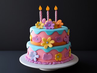 birthday cake with candles and balloons