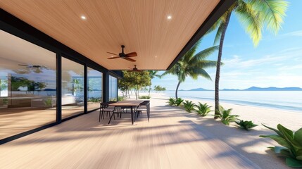 Modern beachfront terrace with dining table, palm trees, and ocean view under clear blue sky