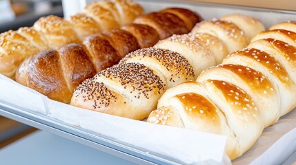 Bakery display, fresh bread, sesame seeds, shop
