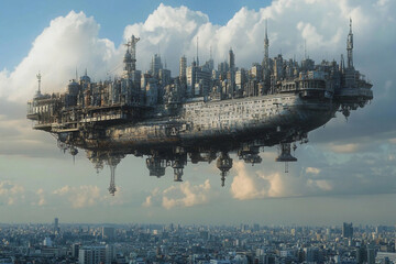 Naklejka premium Floating industrial city above a modern skyline during golden hour