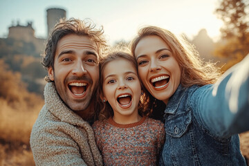 Familia feliz diviritiéndose en el parque. Selfie divertido en exterior. Momentos divertidos en familia. 