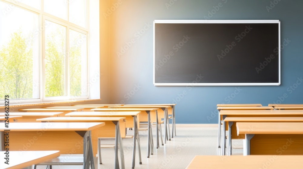 Aufkleber bright classroom with empty desks and a chalkboard, sunlight streaming through large windows