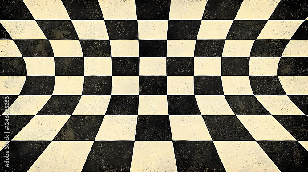 Poster wavy black and white checkered pattern with a vintage texture creating a distorted perspective.