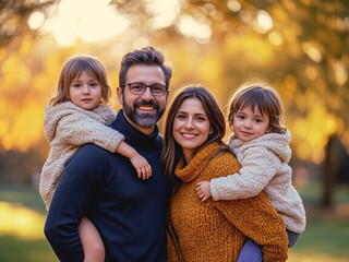 Familia feliz en un parque en otoño. Gente con hijos en exterior. Familia en el parque pasándolo genial.